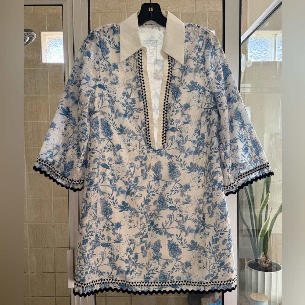 English Factory Blue and White Floral Mini Dress